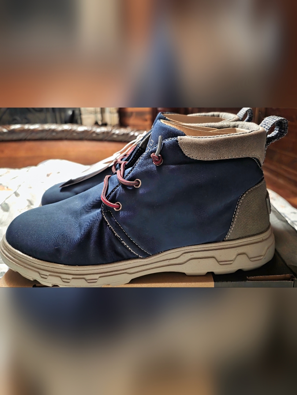 Hey Dude Navy Blue and Tan Canvas Chukka Boots